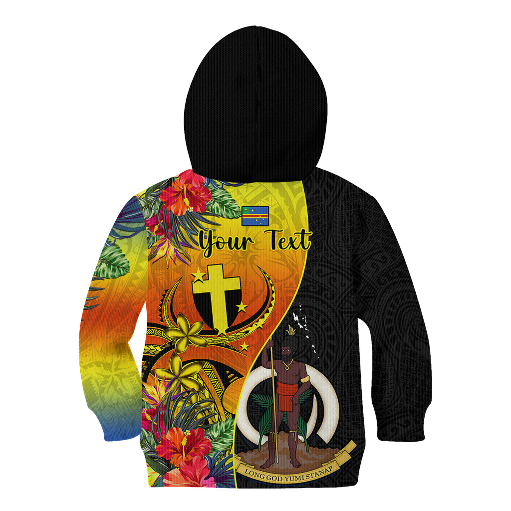 Personalised Vanuatu Tafea Day Kid Hoodie Coat Of Arms Mix Tropical Flowers LT14 - Polynesian Pride