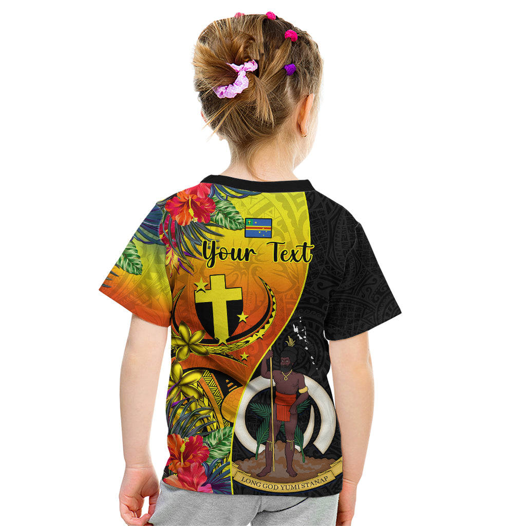 Personalised Vanuatu Tafea Day Kid T Shirt Coat Of Arms Mix Tropical Flowers LT14 - Polynesian Pride