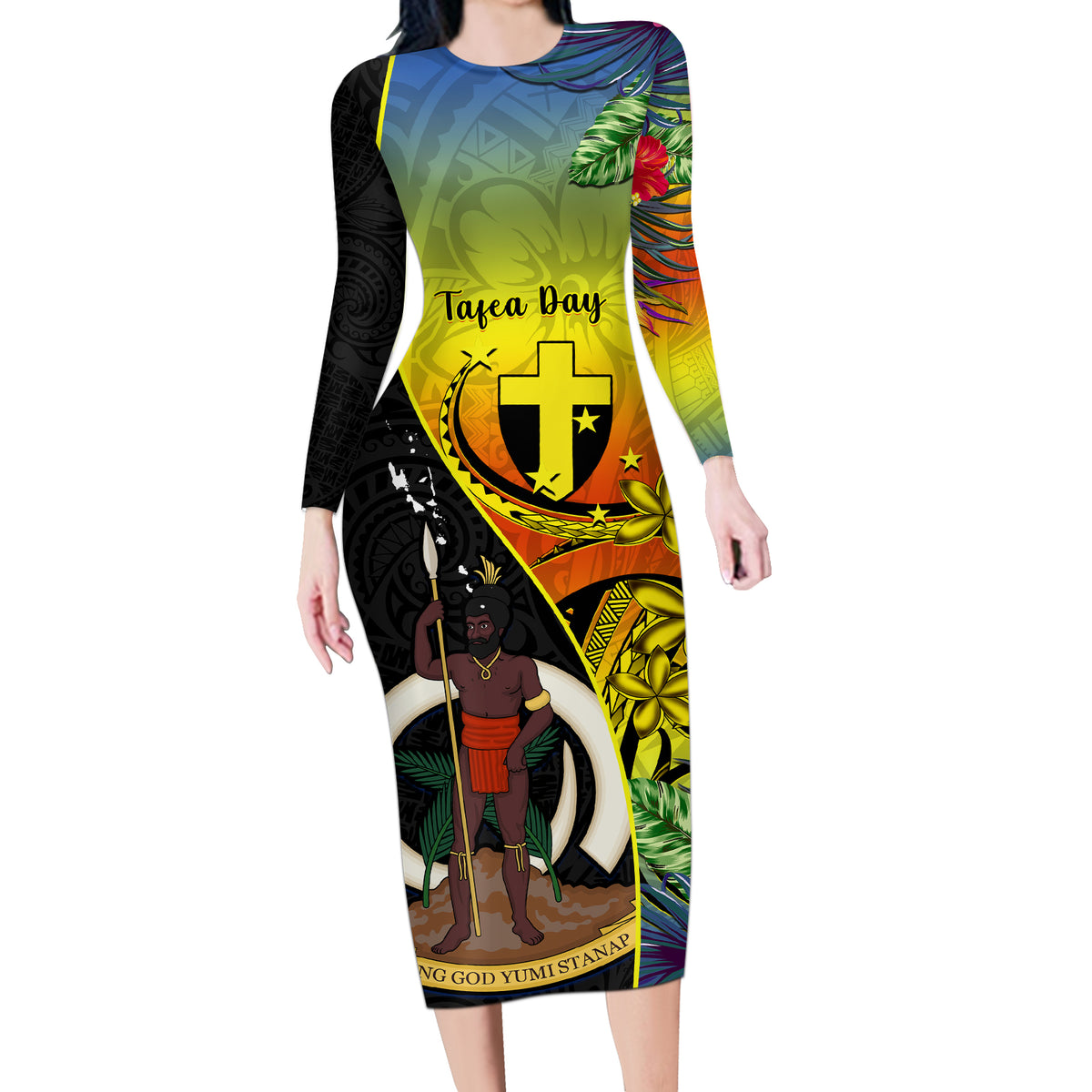 Personalised Vanuatu Tafea Day Long Sleeve Bodycon Dress Coat Of Arms Mix Tropical Flowers LT14 Long Dress Black - Polynesian Pride