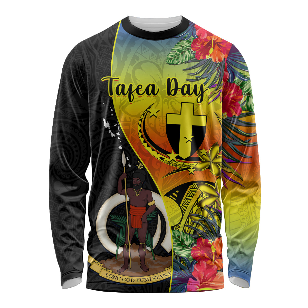 Personalised Vanuatu Tafea Day Long Sleeve Shirt Coat Of Arms Mix Tropical Flowers LT14 Unisex Black - Polynesian Pride