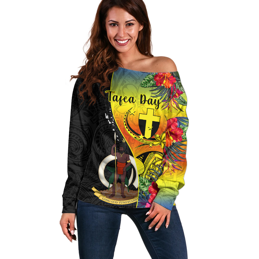 personalised-vanuatu-tafea-day-off-shoulder-sweater-coat-of-arms-mix-tropical-flowers