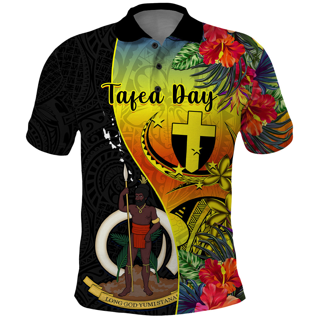 Personalised Vanuatu Tafea Day Polo Shirt Coat Of Arms Mix Tropical Flowers LT14 Black - Polynesian Pride