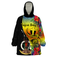 Personalised Vanuatu Tafea Day Wearable Blanket Hoodie Coat Of Arms Mix Tropical Flowers LT14 One Size Black - Polynesian Pride