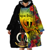 Personalised Vanuatu Tafea Day Wearable Blanket Hoodie Coat Of Arms Mix Tropical Flowers LT14 - Polynesian Pride