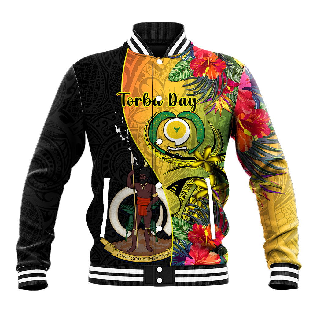 Vanuatu Torba Day Baseball Jacket Coat Of Arms Mix Tropical Flowers LT14 Unisex Black - Polynesian Pride