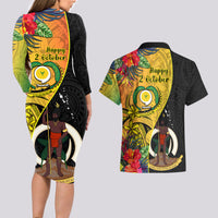 Vanuatu Torba Day Couples Matching Long Sleeve Bodycon Dress and Hawaiian Shirt Coat Of Arms Mix Tropical Flowers LT14 - Polynesian Pride