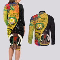 Vanuatu Torba Day Couples Matching Long Sleeve Bodycon Dress and Long Sleeve Button Shirts Coat Of Arms Mix Tropical Flowers LT14 - Polynesian Pride