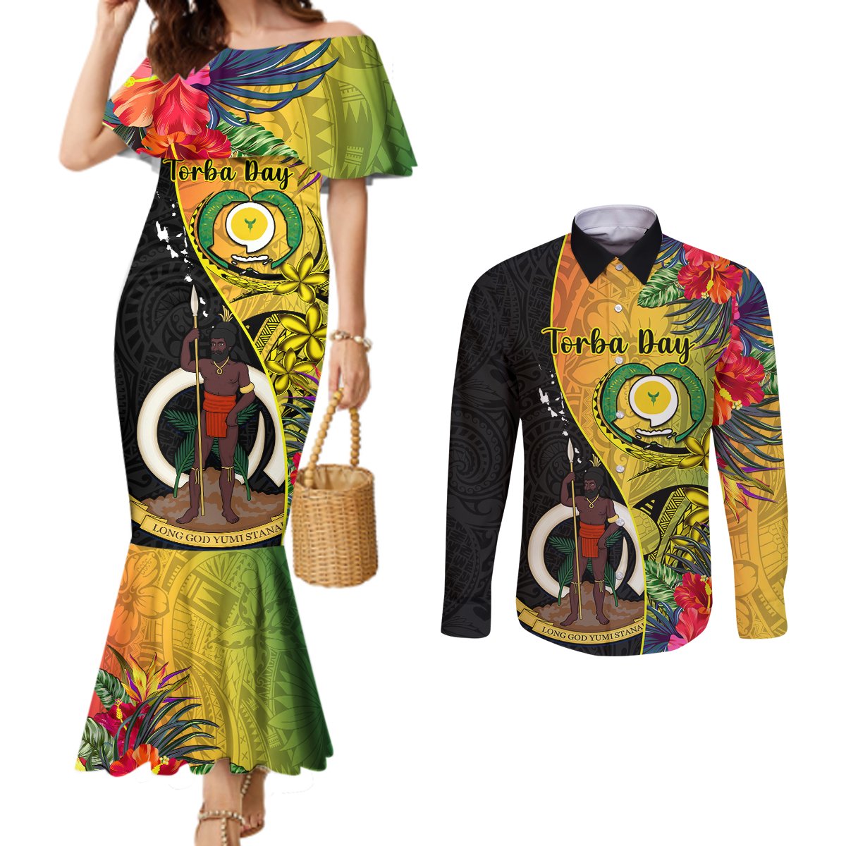 Vanuatu Torba Day Couples Matching Mermaid Dress and Long Sleeve Button Shirts Coat Of Arms Mix Tropical Flowers LT14 Black - Polynesian Pride