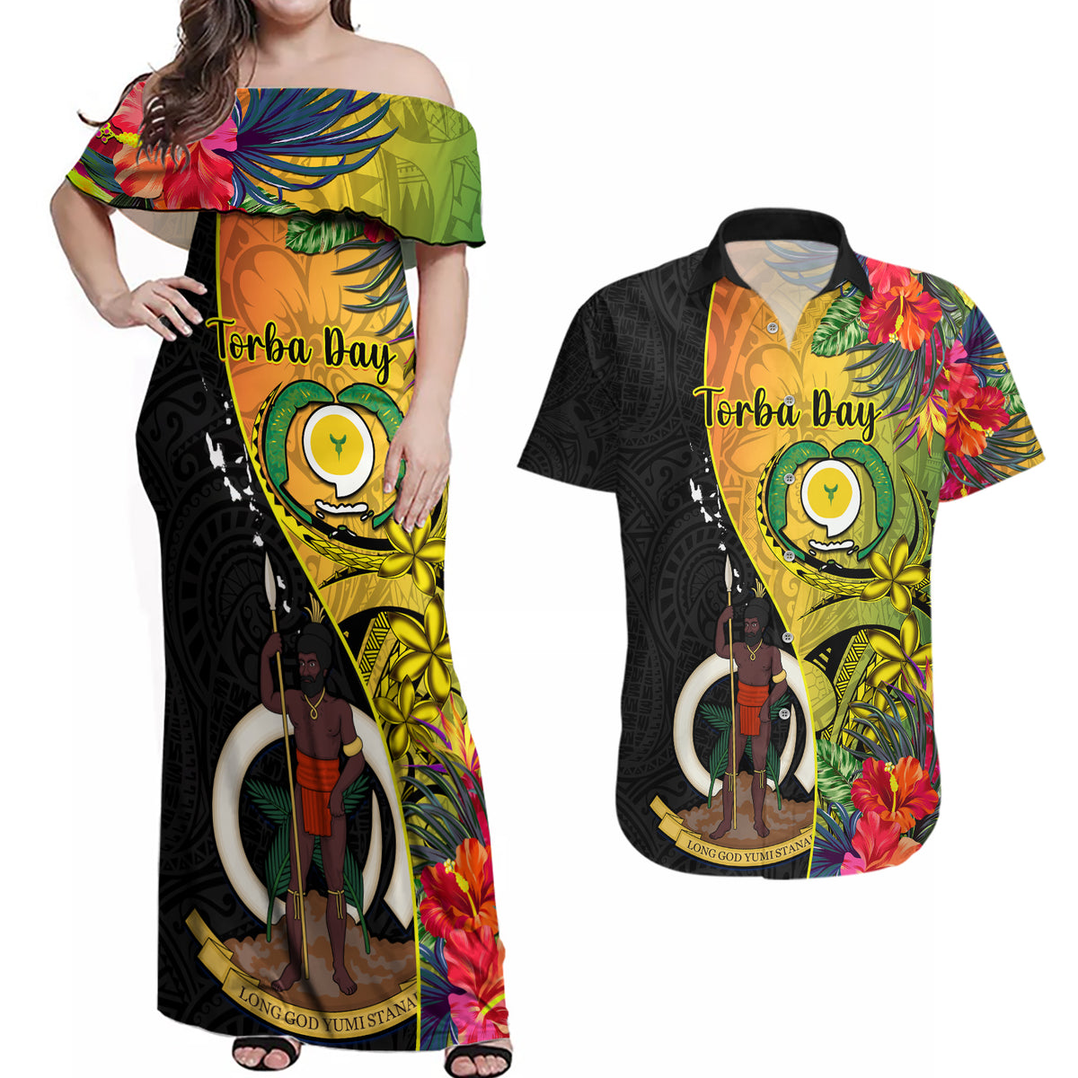 Vanuatu Torba Day Couples Matching Off Shoulder Maxi Dress and Hawaiian Shirt Coat Of Arms Mix Tropical Flowers LT14 Black - Polynesian Pride