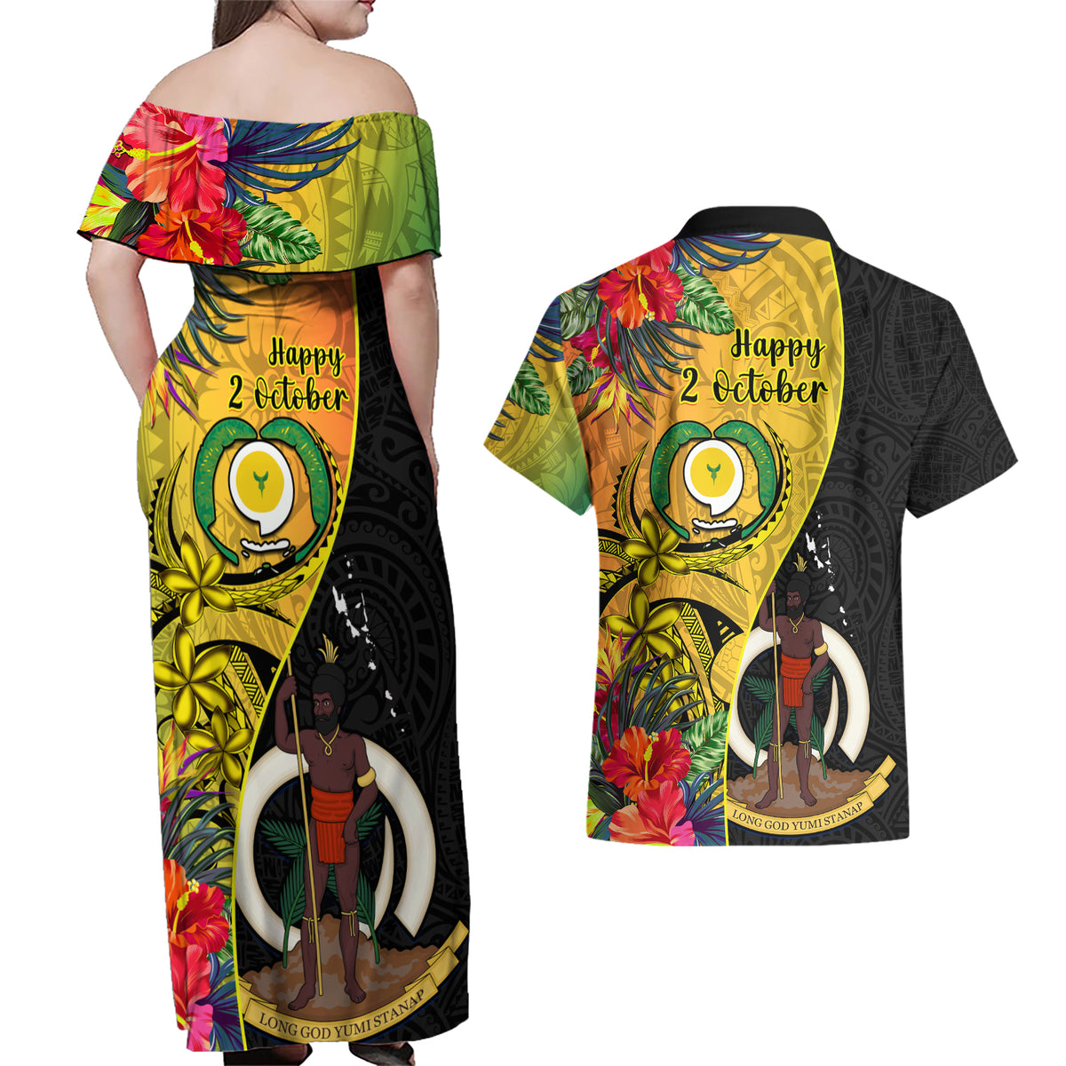 Vanuatu Torba Day Couples Matching Off Shoulder Maxi Dress and Hawaiian Shirt Coat Of Arms Mix Tropical Flowers LT14 - Polynesian Pride