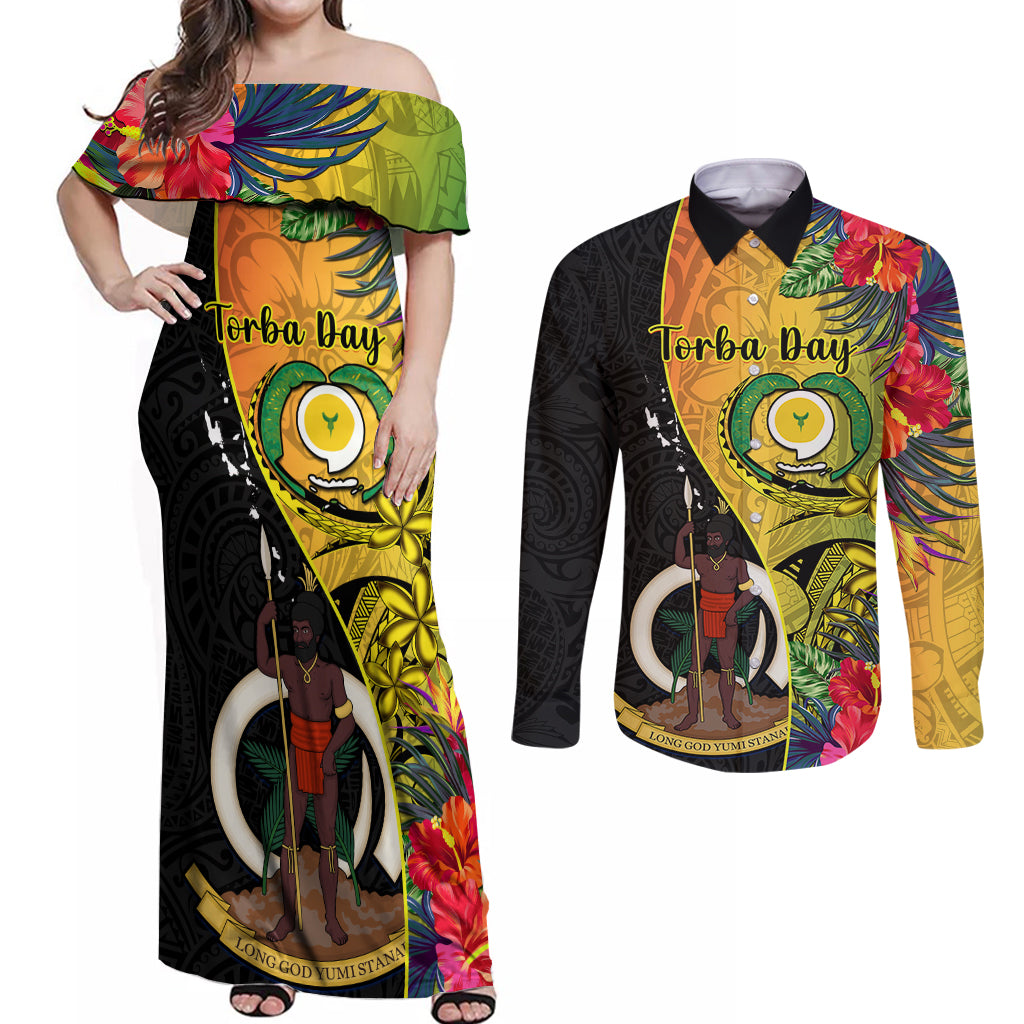 Vanuatu Torba Day Couples Matching Off Shoulder Maxi Dress and Long Sleeve Button Shirts Coat Of Arms Mix Tropical Flowers LT14 Black - Polynesian Pride
