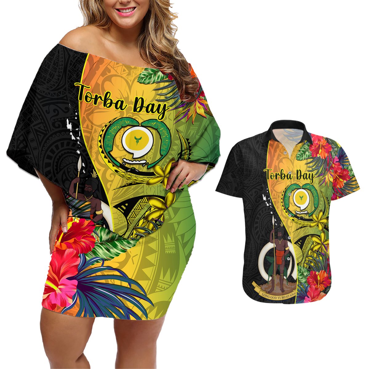 vanuatu-torba-day-couples-matching-off-shoulder-short-dress-and-hawaiian-shirt-coat-of-arms-mix-tropical-flowers