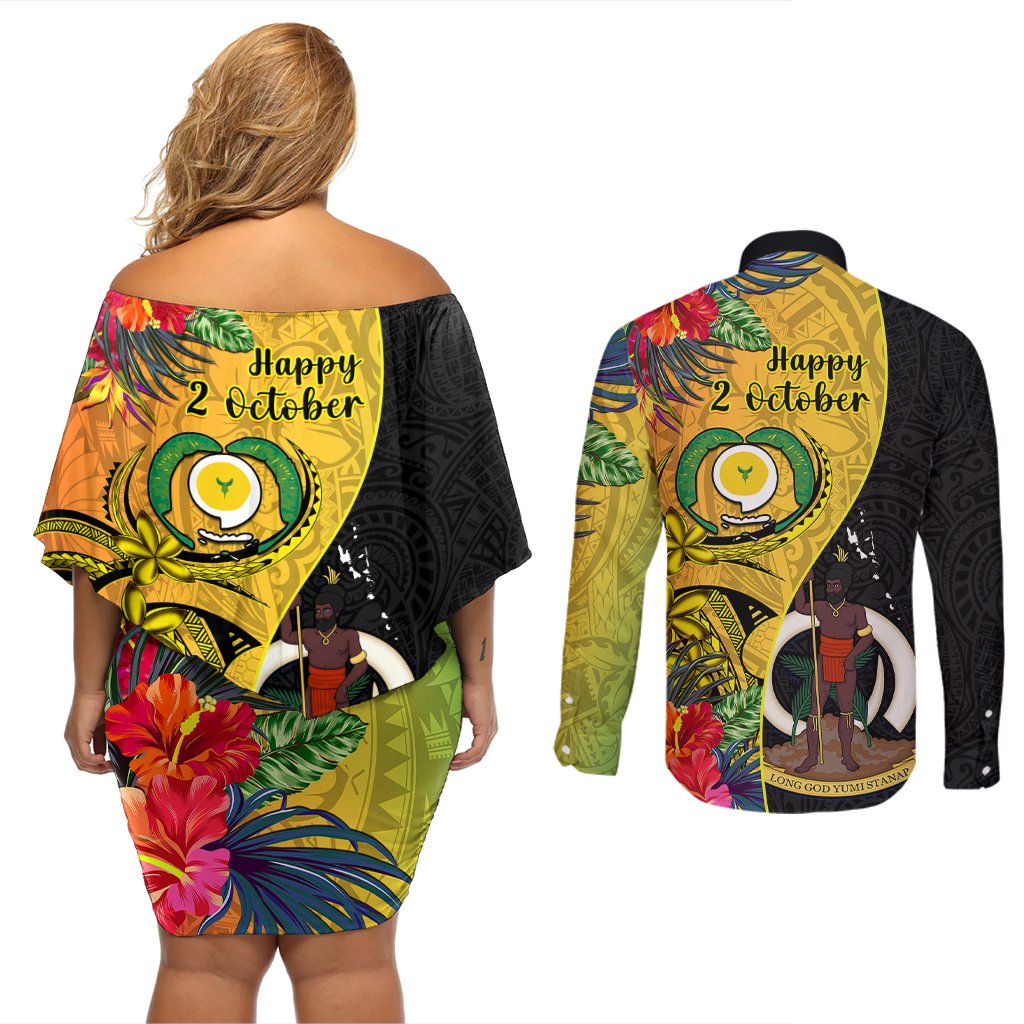 Vanuatu Torba Day Couples Matching Off Shoulder Short Dress and Long Sleeve Button Shirts Coat Of Arms Mix Tropical Flowers LT14 - Polynesian Pride