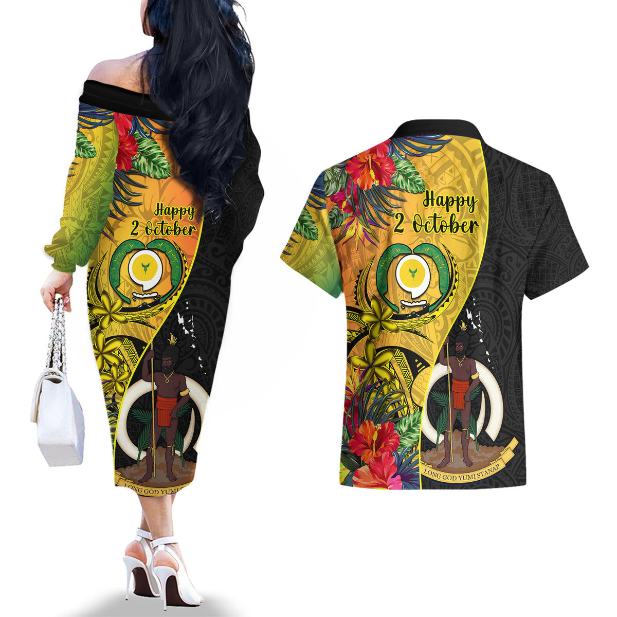 Vanuatu Torba Day Couples Matching Off The Shoulder Long Sleeve Dress and Hawaiian Shirt Coat Of Arms Mix Tropical Flowers LT14 - Polynesian Pride