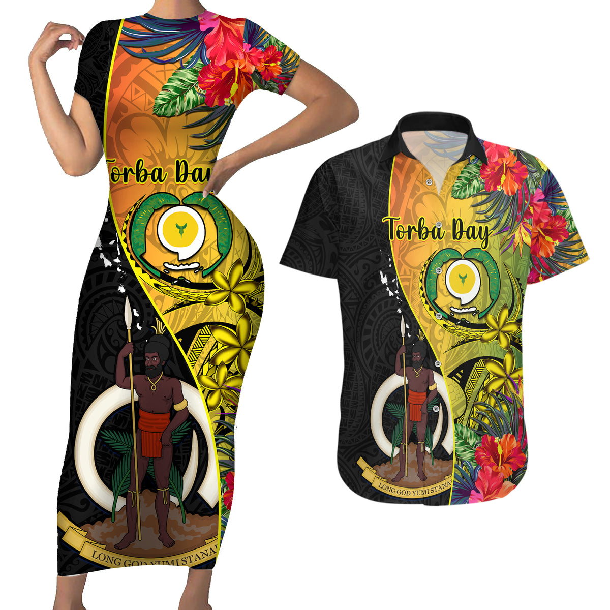 Vanuatu Torba Day Couples Matching Short Sleeve Bodycon Dress and Hawaiian Shirt Coat Of Arms Mix Tropical Flowers LT14 Black - Polynesian Pride