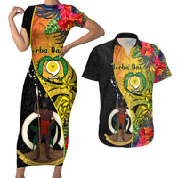 Vanuatu Torba Day Couples Matching Short Sleeve Bodycon Dress and Hawaiian Shirt Coat Of Arms Mix Tropical Flowers LT14 Black - Polynesian Pride