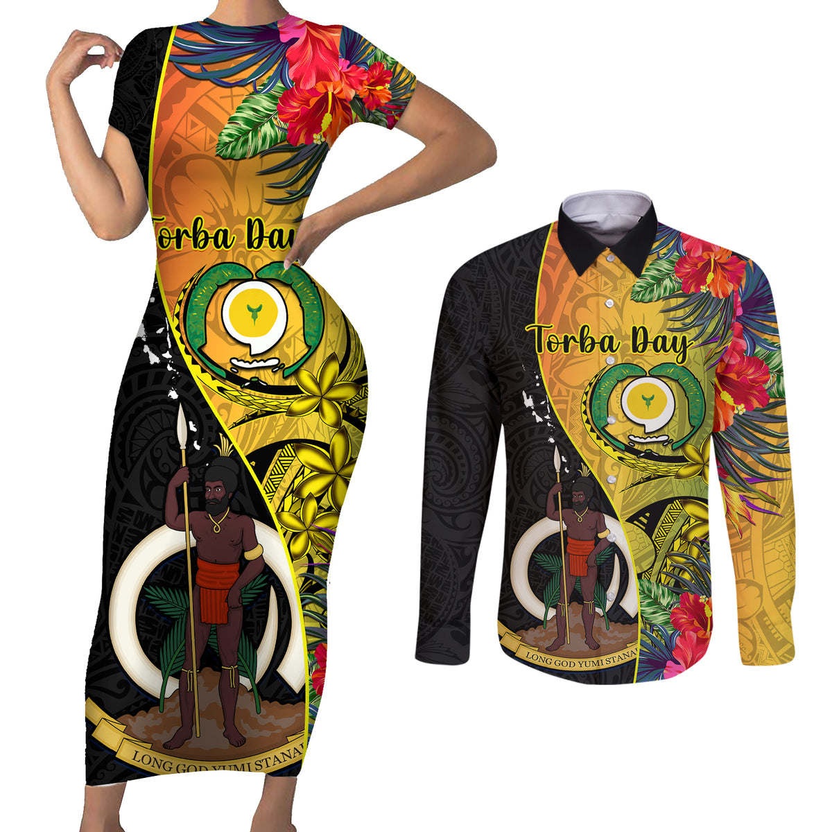 Vanuatu Torba Day Couples Matching Short Sleeve Bodycon Dress and Long Sleeve Button Shirts Coat Of Arms Mix Tropical Flowers LT14 Black - Polynesian Pride
