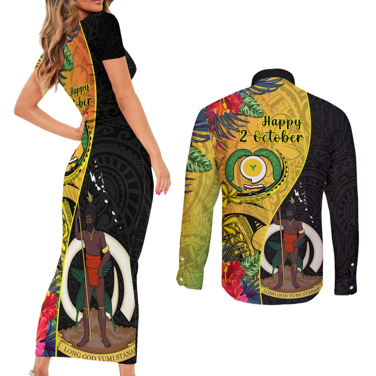 Vanuatu Torba Day Couples Matching Short Sleeve Bodycon Dress and Long Sleeve Button Shirts Coat Of Arms Mix Tropical Flowers LT14 - Polynesian Pride