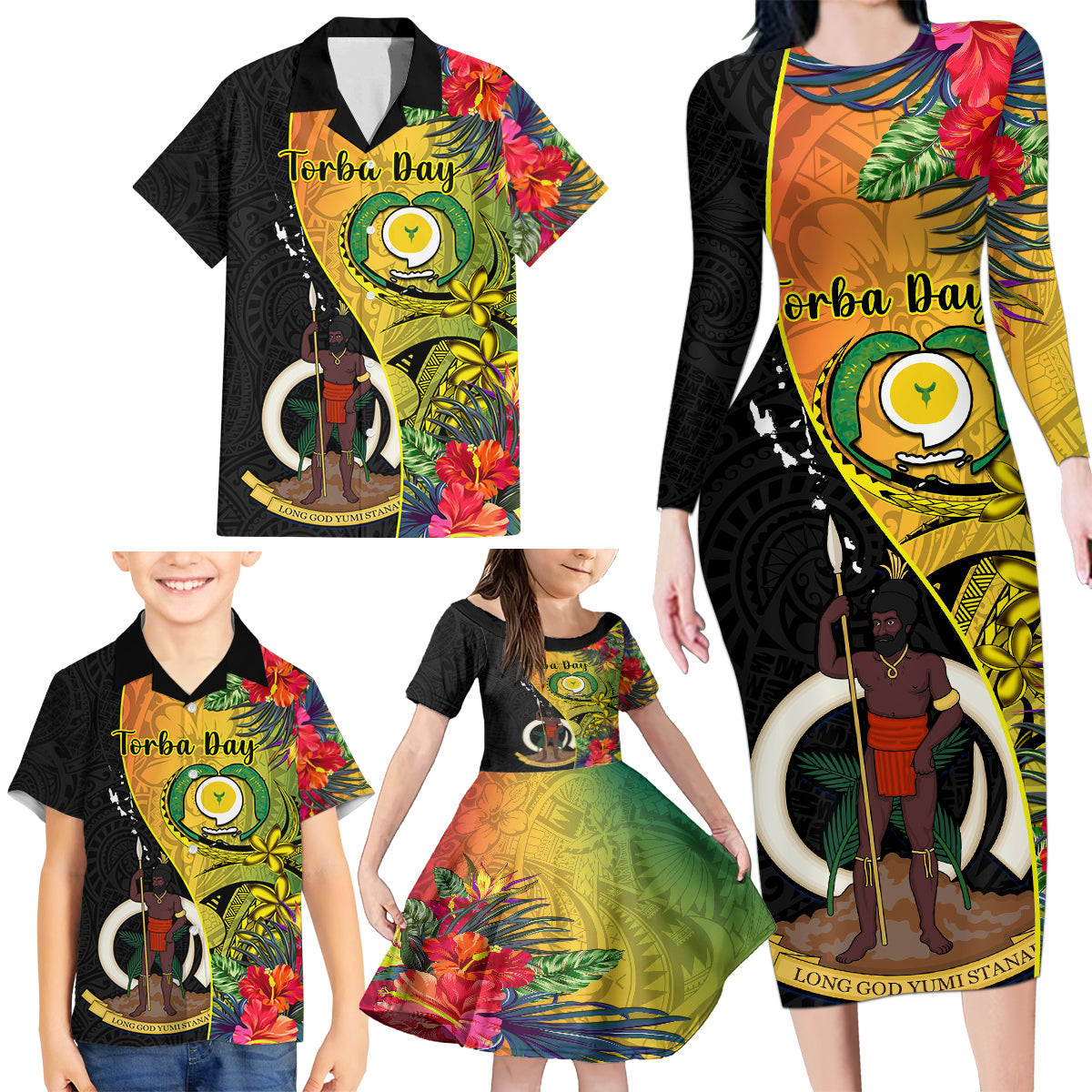 Vanuatu Torba Day Family Matching Long Sleeve Bodycon Dress and Hawaiian Shirt Coat Of Arms Mix Tropical Flowers LT14 - Polynesian Pride