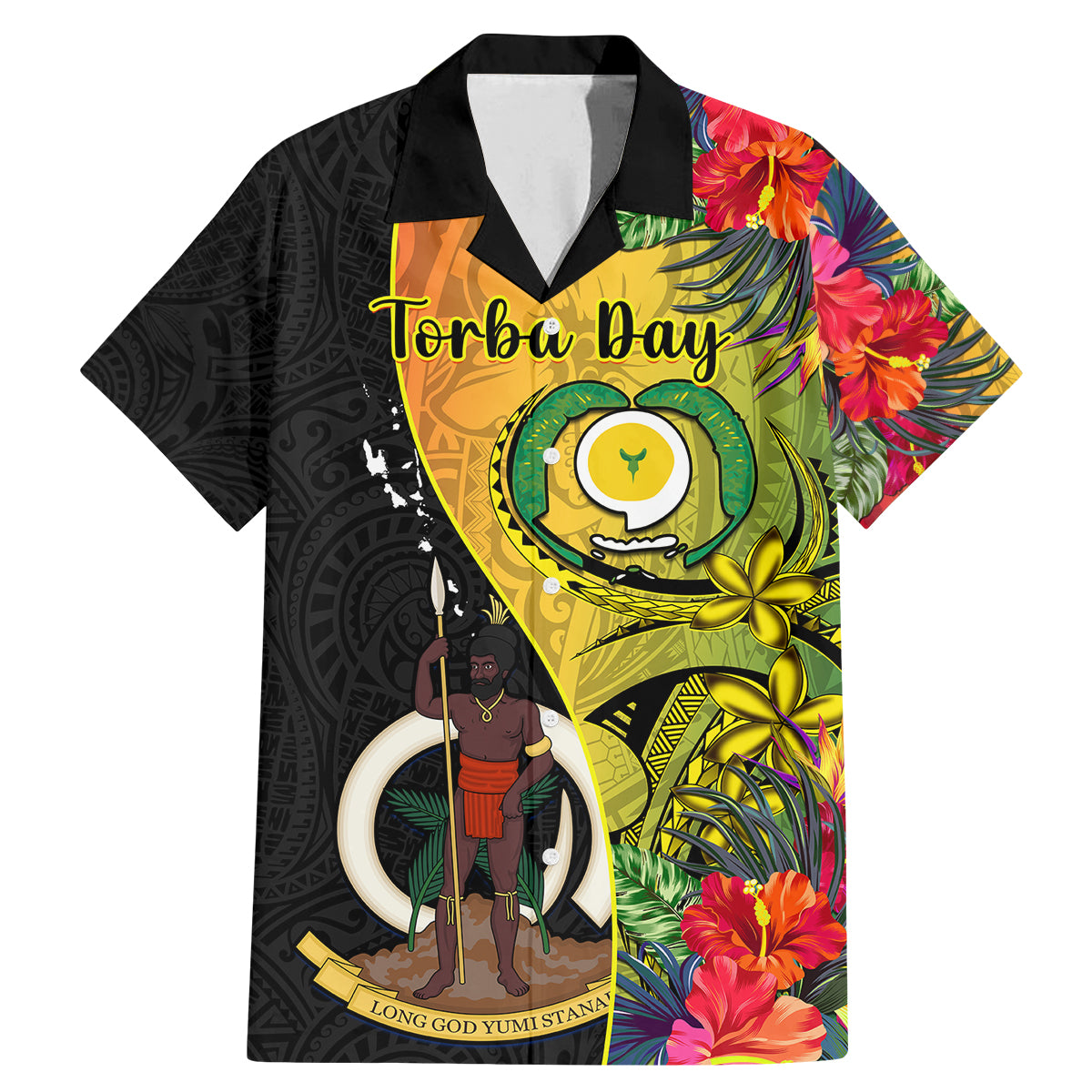Vanuatu Torba Day Family Matching Mermaid Dress and Hawaiian Shirt Coat Of Arms Mix Tropical Flowers LT14 Dad's Shirt - Short Sleeve Black - Polynesian Pride