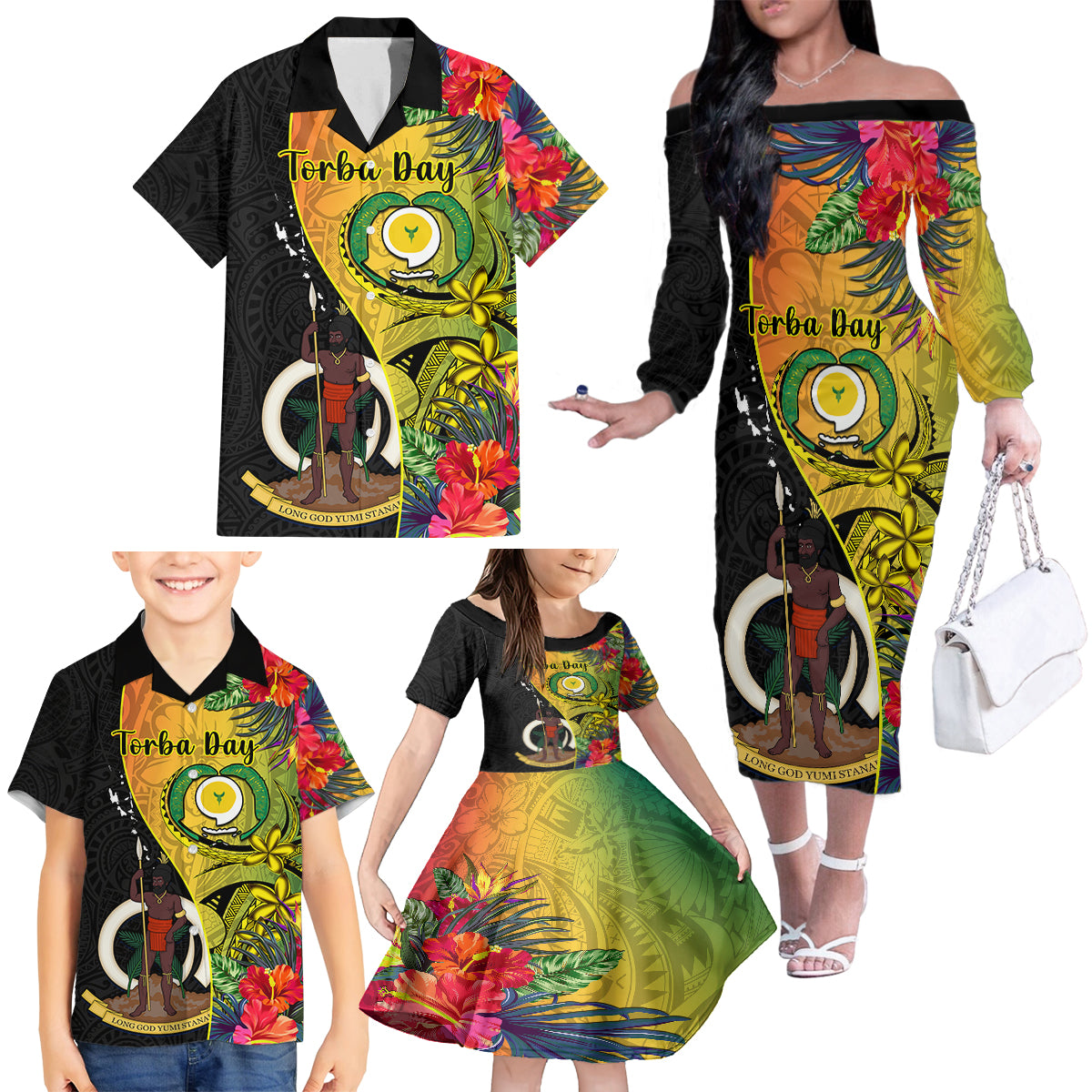 Vanuatu Torba Day Family Matching Off Shoulder Long Sleeve Dress and Hawaiian Shirt Coat Of Arms Mix Tropical Flowers LT14 - Polynesian Pride