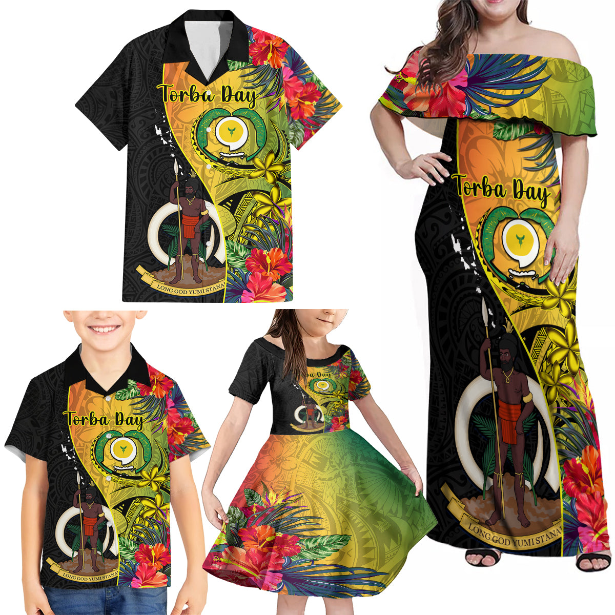 Vanuatu Torba Day Family Matching Off Shoulder Maxi Dress and Hawaiian Shirt Coat Of Arms Mix Tropical Flowers LT14 - Polynesian Pride