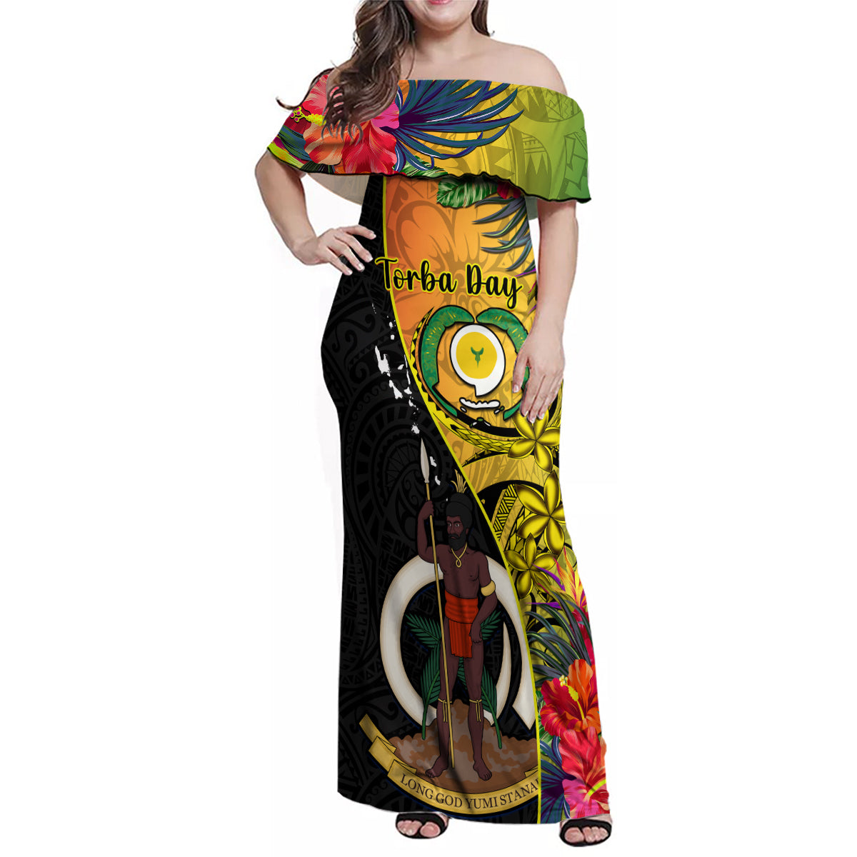 Vanuatu Torba Day Family Matching Off Shoulder Maxi Dress and Hawaiian Shirt Coat Of Arms Mix Tropical Flowers LT14 Mom's Dress Black - Polynesian Pride