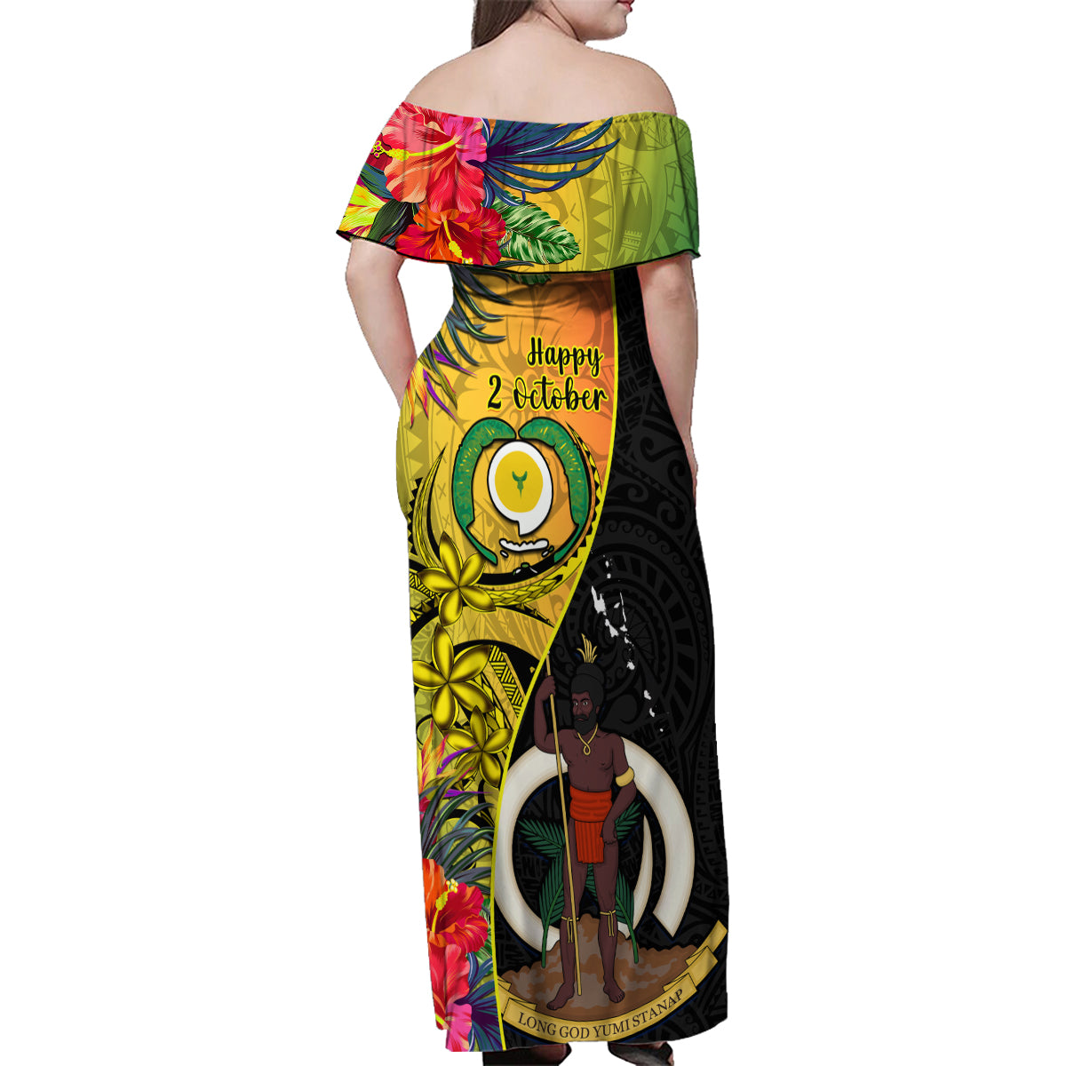 Vanuatu Torba Day Family Matching Off Shoulder Maxi Dress and Hawaiian Shirt Coat Of Arms Mix Tropical Flowers LT14 - Polynesian Pride