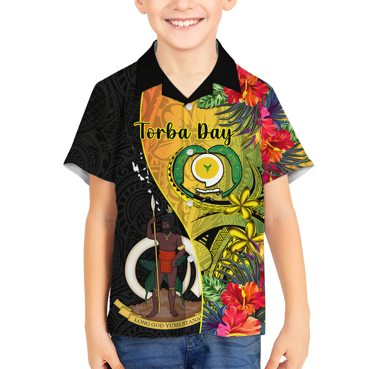 Vanuatu Torba Day Family Matching Off Shoulder Maxi Dress and Hawaiian Shirt Coat Of Arms Mix Tropical Flowers LT14 Son's Shirt Black - Polynesian Pride