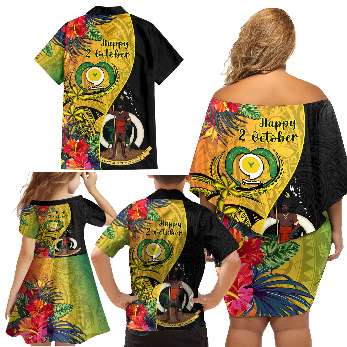 Vanuatu Torba Day Family Matching Off Shoulder Short Dress and Hawaiian Shirt Coat Of Arms Mix Tropical Flowers LT14 - Polynesian Pride