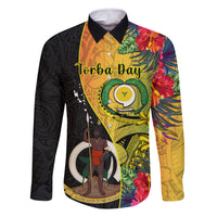 Vanuatu Torba Day Family Matching Off Shoulder Short Dress and Hawaiian Shirt Coat Of Arms Mix Tropical Flowers LT14 Dad's Shirt - Long Sleeve Black - Polynesian Pride