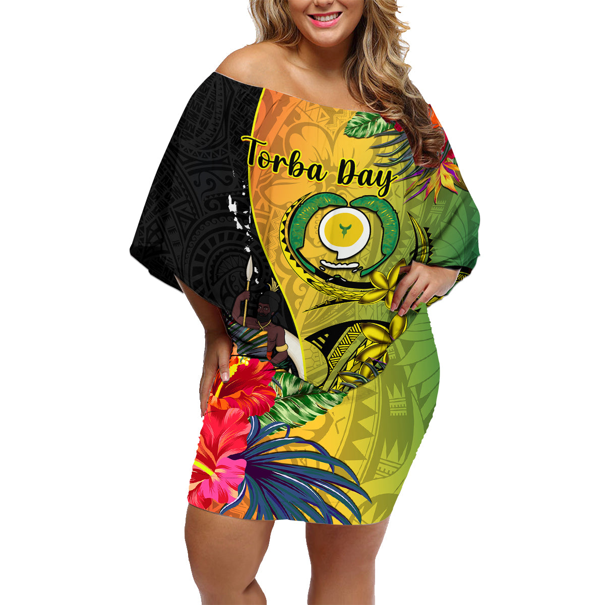 Vanuatu Torba Day Family Matching Off Shoulder Short Dress and Hawaiian Shirt Coat Of Arms Mix Tropical Flowers LT14 Mom's Dress Black - Polynesian Pride