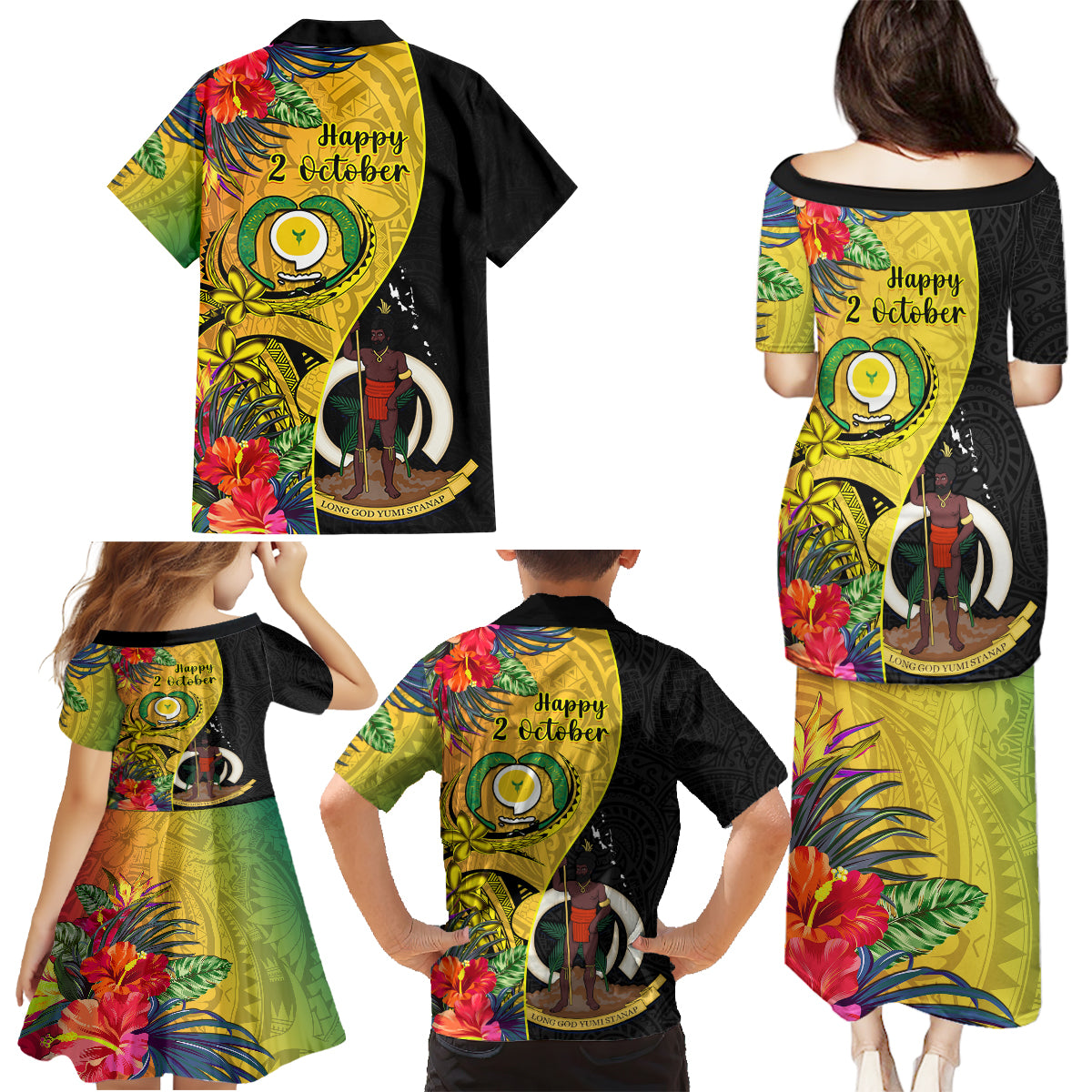 Vanuatu Torba Day Family Matching Puletasi Dress and Hawaiian Shirt Coat Of Arms Mix Tropical Flowers LT14 - Polynesian Pride