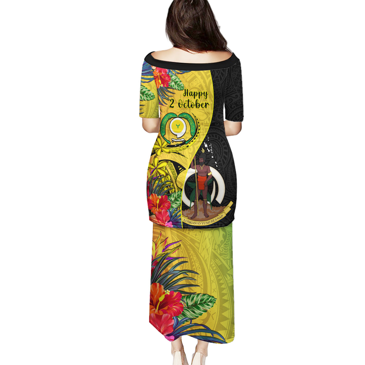 Vanuatu Torba Day Family Matching Puletasi Dress and Hawaiian Shirt Coat Of Arms Mix Tropical Flowers LT14 - Polynesian Pride