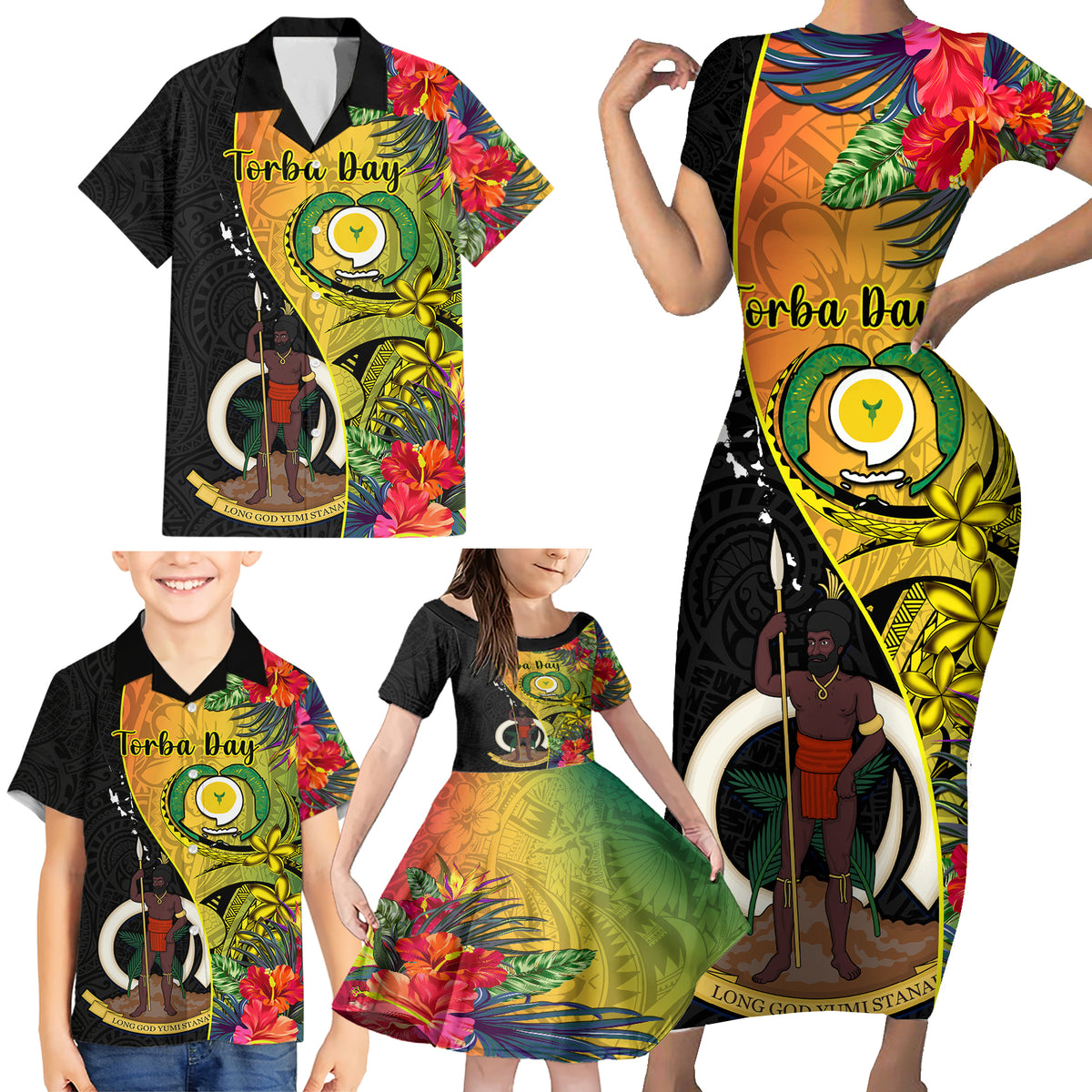 Vanuatu Torba Day Family Matching Short Sleeve Bodycon Dress and Hawaiian Shirt Coat Of Arms Mix Tropical Flowers LT14 - Polynesian Pride
