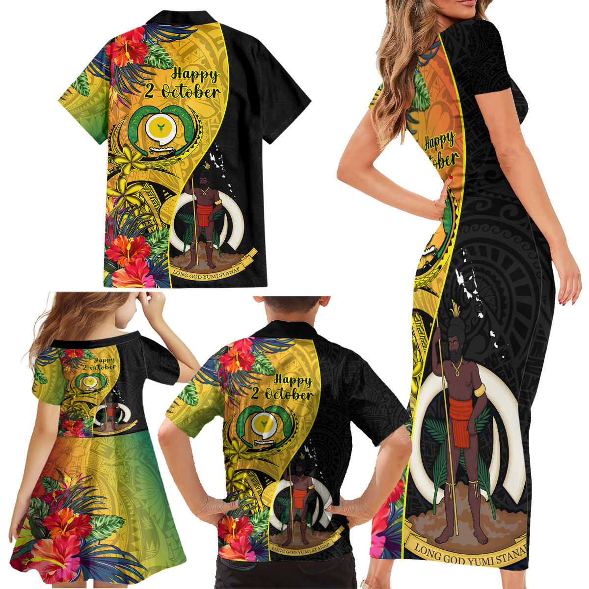 Vanuatu Torba Day Family Matching Short Sleeve Bodycon Dress and Hawaiian Shirt Coat Of Arms Mix Tropical Flowers LT14 - Polynesian Pride