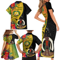 Vanuatu Torba Day Family Matching Short Sleeve Bodycon Dress and Hawaiian Shirt Coat Of Arms Mix Tropical Flowers LT14 - Polynesian Pride