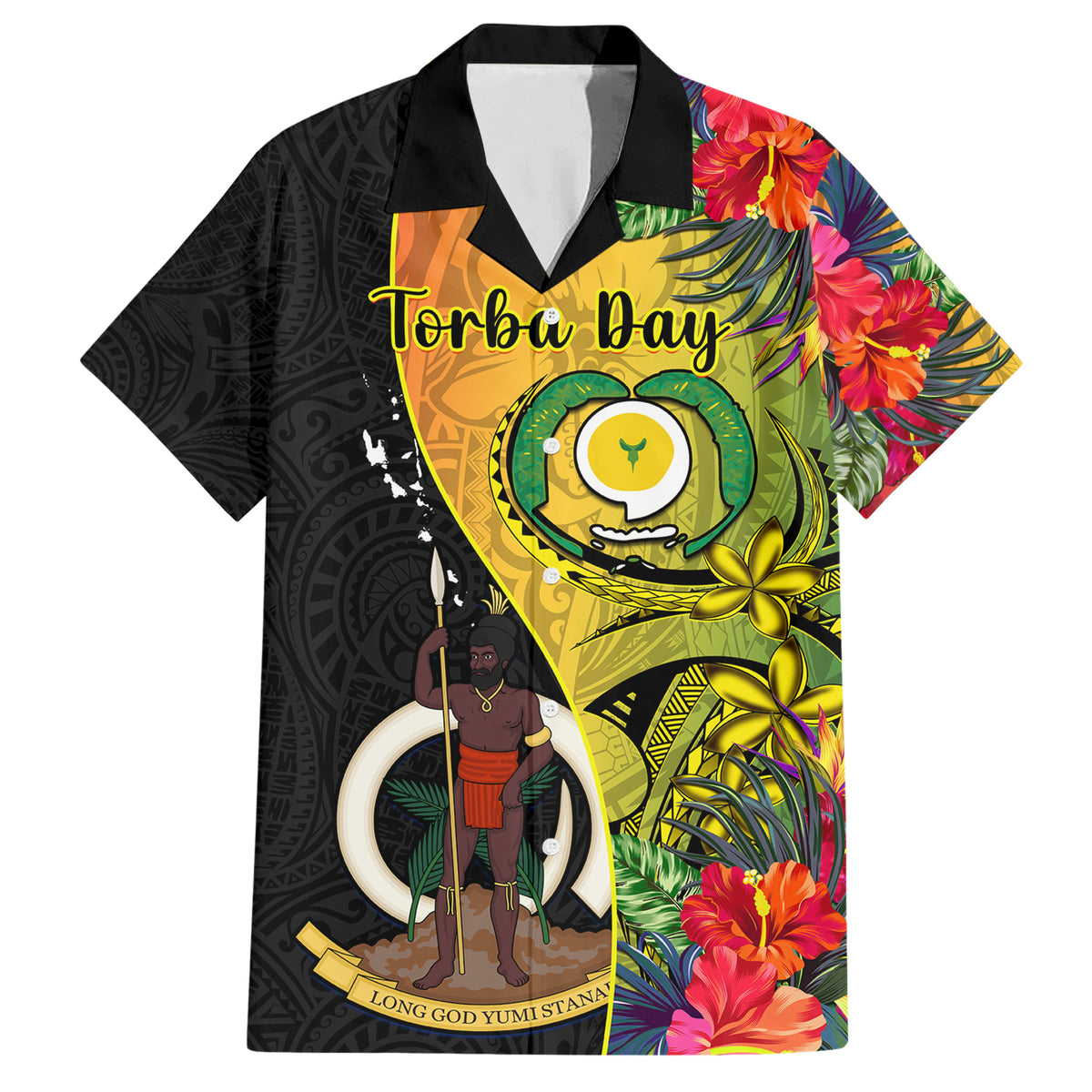 Vanuatu Torba Day Family Matching Short Sleeve Bodycon Dress and Hawaiian Shirt Coat Of Arms Mix Tropical Flowers LT14 Dad's Shirt - Short Sleeve Black - Polynesian Pride