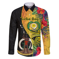 Vanuatu Torba Day Family Matching Short Sleeve Bodycon Dress and Hawaiian Shirt Coat Of Arms Mix Tropical Flowers LT14 Dad's Shirt - Long Sleeve Black - Polynesian Pride