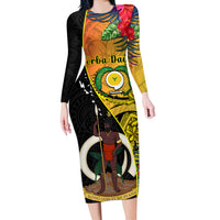 Vanuatu Torba Day Long Sleeve Bodycon Dress Coat Of Arms Mix Tropical Flowers LT14 Long Dress Black - Polynesian Pride