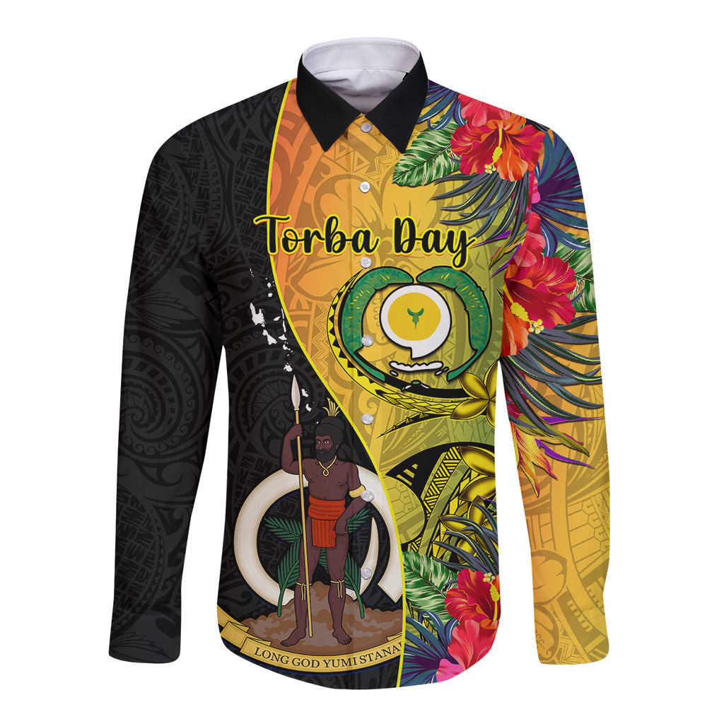 Vanuatu Torba Day Long Sleeve Button Shirt Coat Of Arms Mix Tropical Flowers LT14 Unisex Black - Polynesian Pride