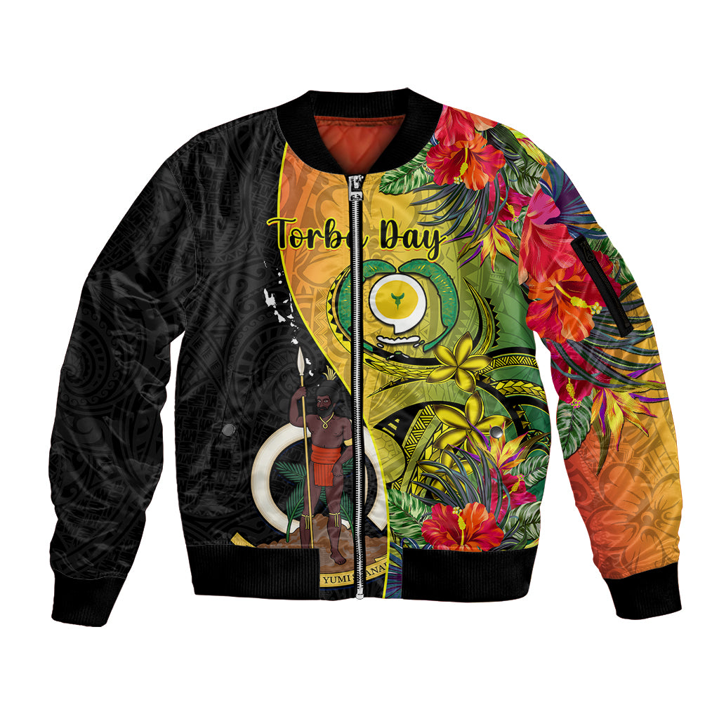 Vanuatu Torba Day Sleeve Zip Bomber Jacket Coat Of Arms Mix Tropical Flowers LT14 Unisex Black - Polynesian Pride