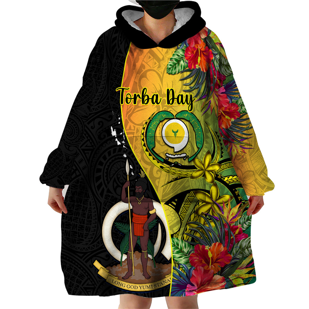 Vanuatu Torba Day Wearable Blanket Hoodie Coat Of Arms Mix Tropical Flowers LT14 - Polynesian Pride