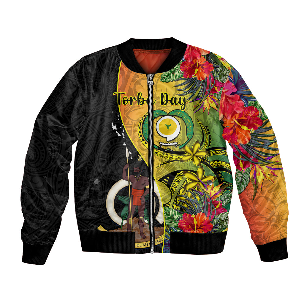 Personalised Vanuatu Torba Day Bomber Jacket Coat Of Arms Mix Tropical Flowers LT14 Unisex Black - Polynesian Pride