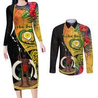 Personalised Vanuatu Torba Day Couples Matching Long Sleeve Bodycon Dress and Long Sleeve Button Shirts Coat Of Arms Mix Tropical Flowers LT14 Black - Polynesian Pride