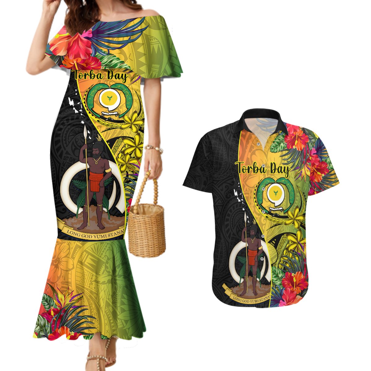 Personalised Vanuatu Torba Day Couples Matching Mermaid Dress and Hawaiian Shirt Coat Of Arms Mix Tropical Flowers LT14 Black - Polynesian Pride