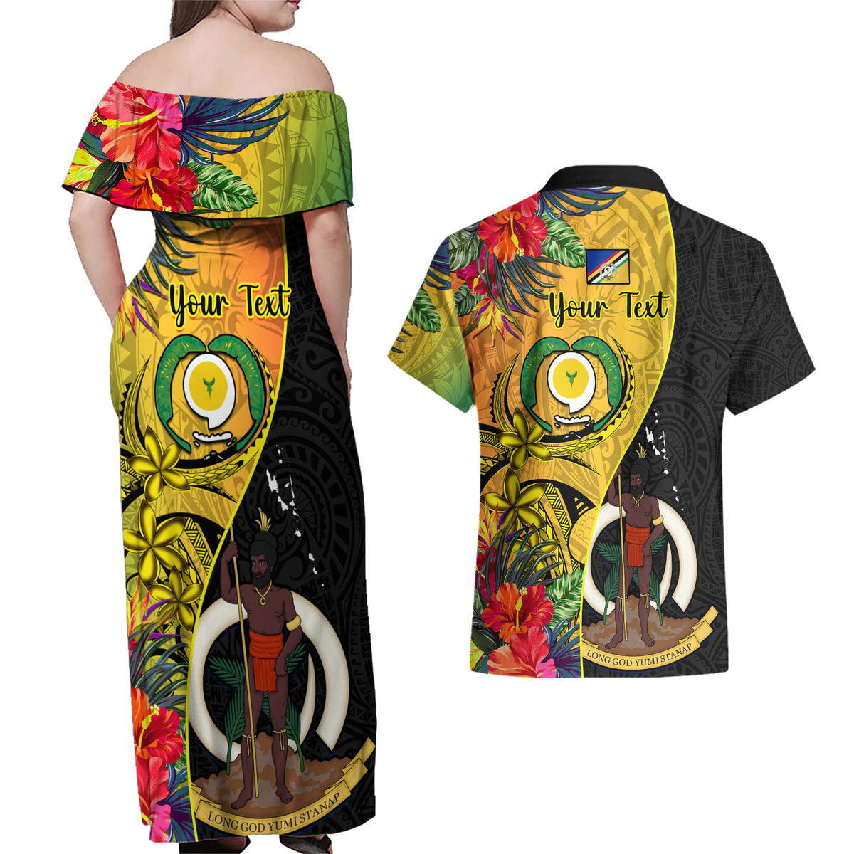Personalised Vanuatu Torba Day Couples Matching Off Shoulder Maxi Dress and Hawaiian Shirt Coat Of Arms Mix Tropical Flowers LT14 - Polynesian Pride