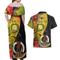 Personalised Vanuatu Torba Day Couples Matching Off Shoulder Maxi Dress and Hawaiian Shirt Coat Of Arms Mix Tropical Flowers LT14 - Polynesian Pride