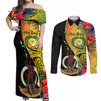 Personalised Vanuatu Torba Day Couples Matching Off Shoulder Maxi Dress and Long Sleeve Button Shirts Coat Of Arms Mix Tropical Flowers LT14 Black - Polynesian Pride