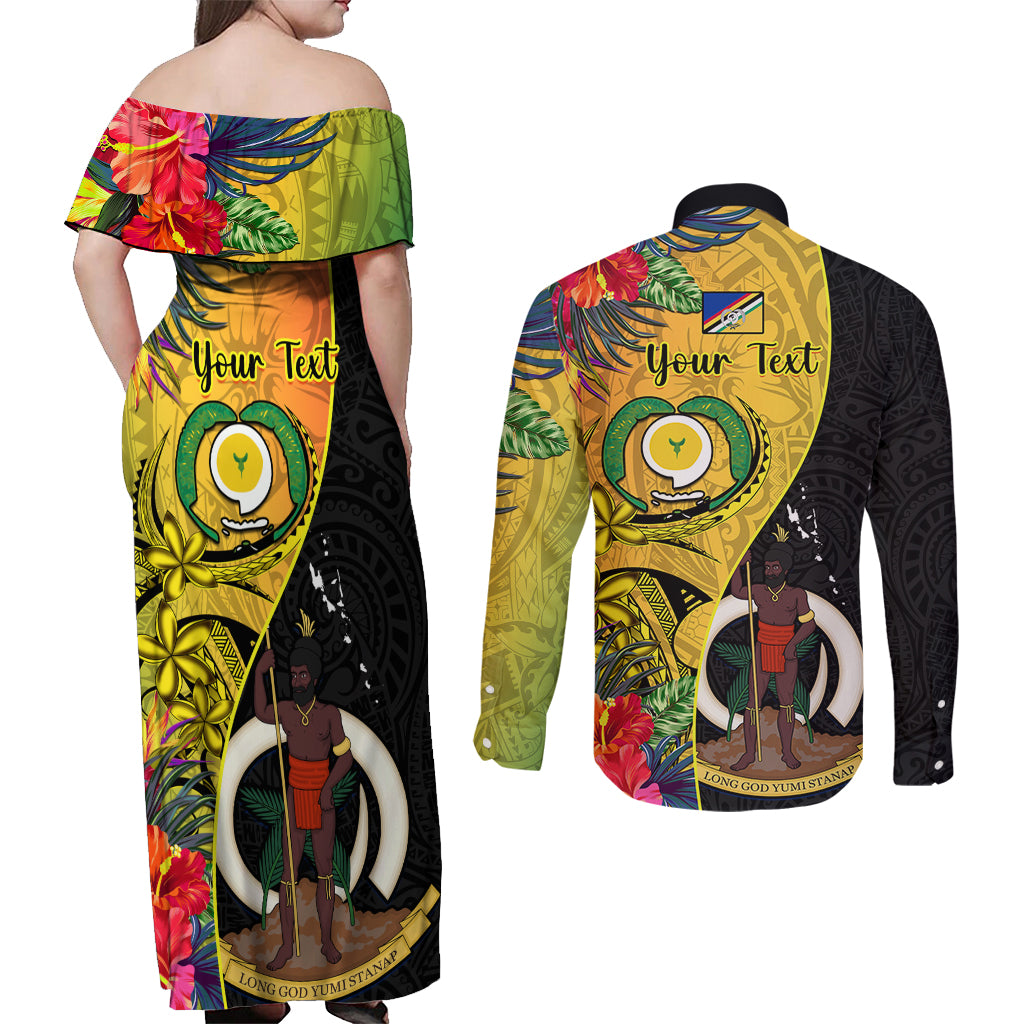Personalised Vanuatu Torba Day Couples Matching Off Shoulder Maxi Dress and Long Sleeve Button Shirts Coat Of Arms Mix Tropical Flowers LT14 - Polynesian Pride